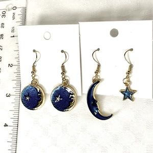 2 Pair Moon and Star Earrings Blue and Gold